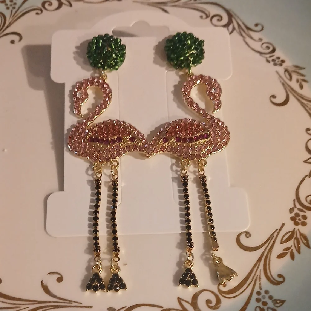 Rhinestone Extra Long Flamingo Earrings with Green and Pink Accents - Picture 1 of 7
